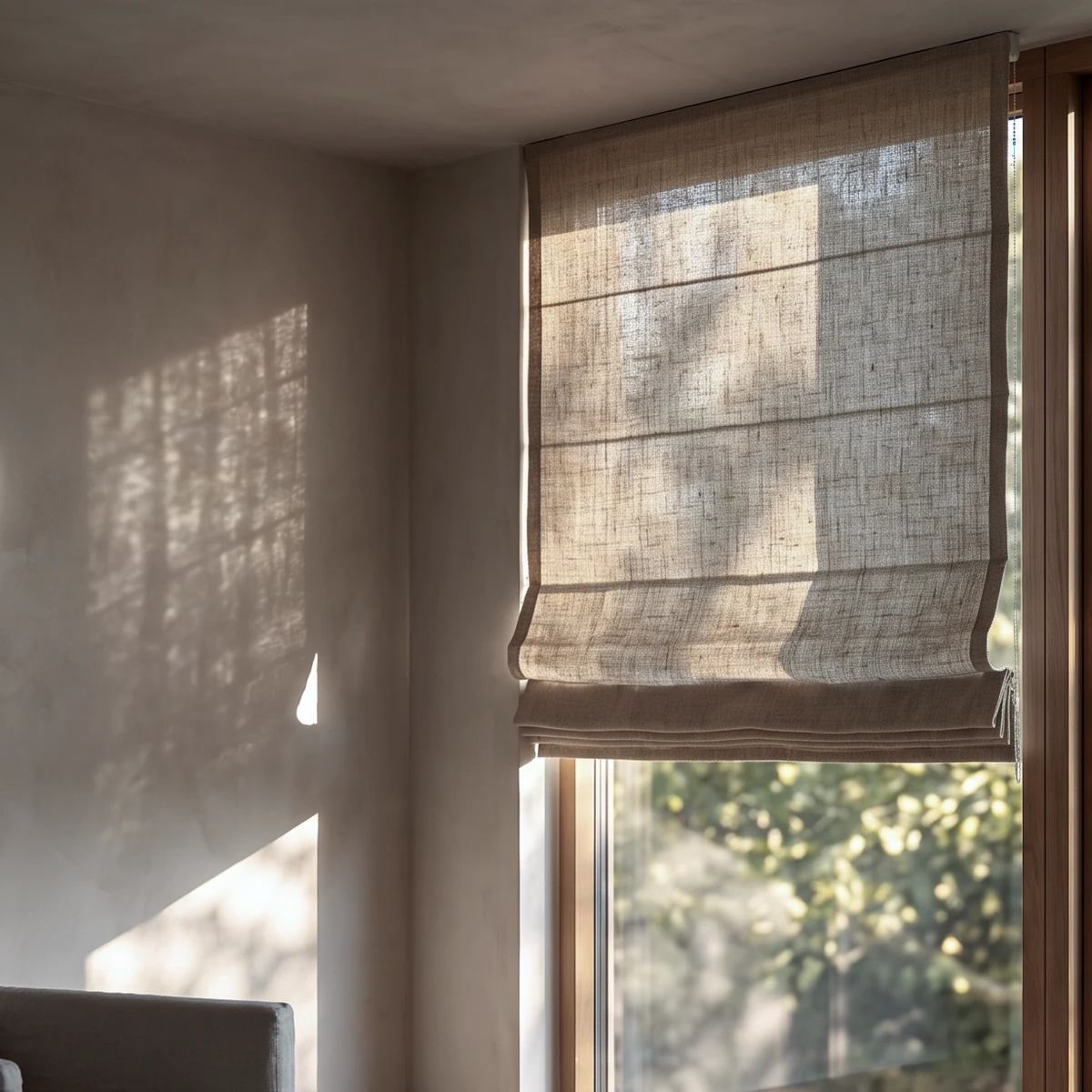 A linen roman blind lowered over a window, its folds stacked at the sill and its weave printing a soft shadow on the plastered wall.