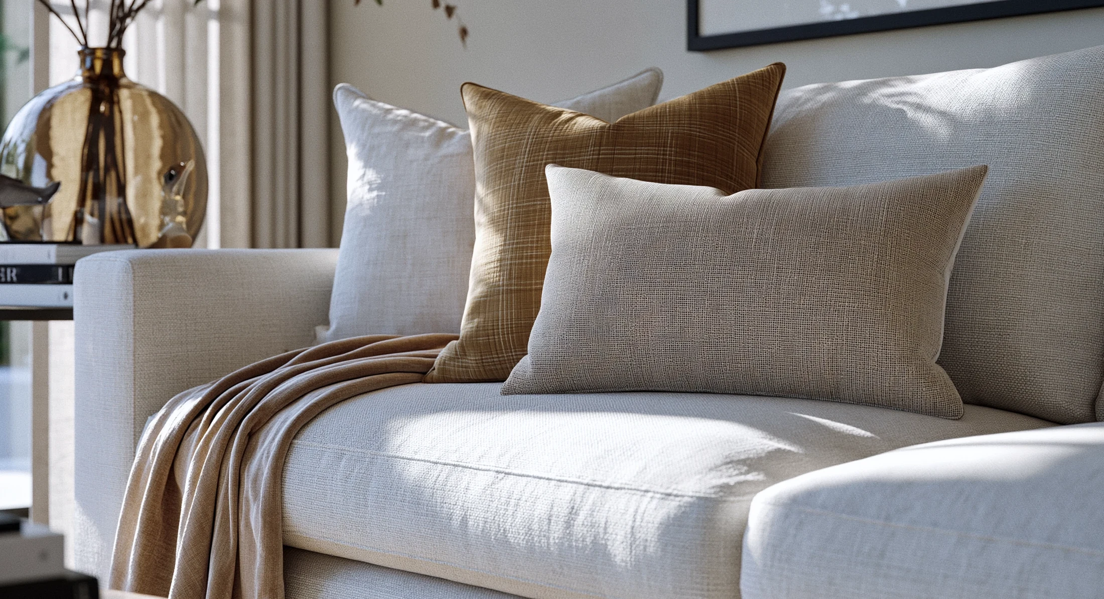 Three cushions and a folded throw on a pale linen sofa in low afternoon sun, the weave of each cloth visible.