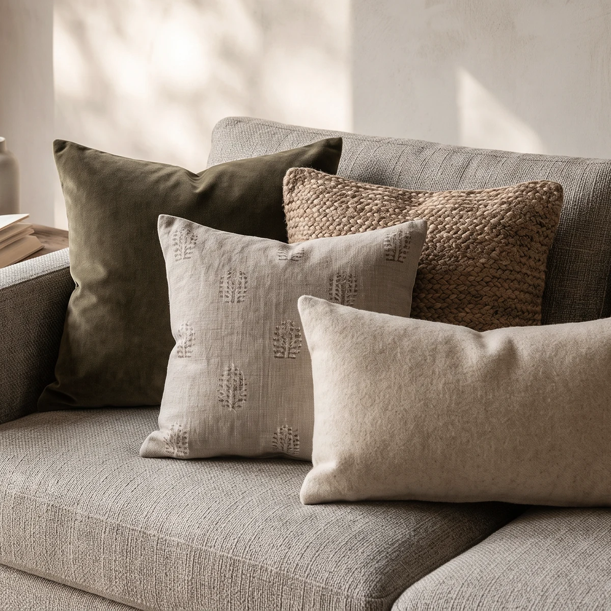 Four cushions grouped on a linen sofa — olive velvet, braided jute, a block-printed cotton and brushed wool.