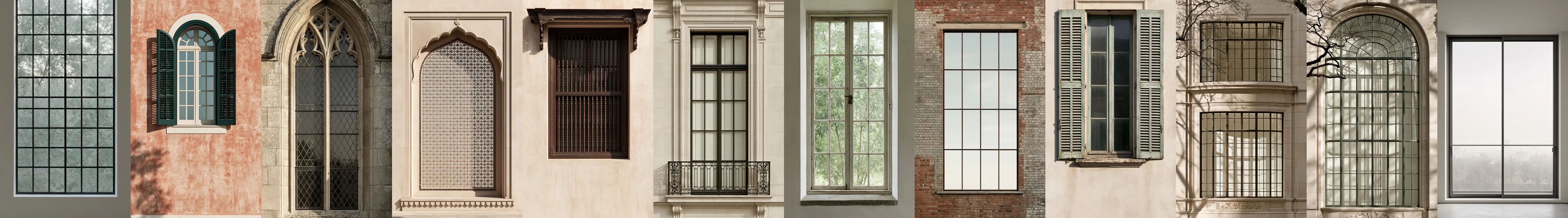 Twelve contrasting window openings side by side, from steel glazing and shuttered or arched windows to lattice screens and contemporary frames.