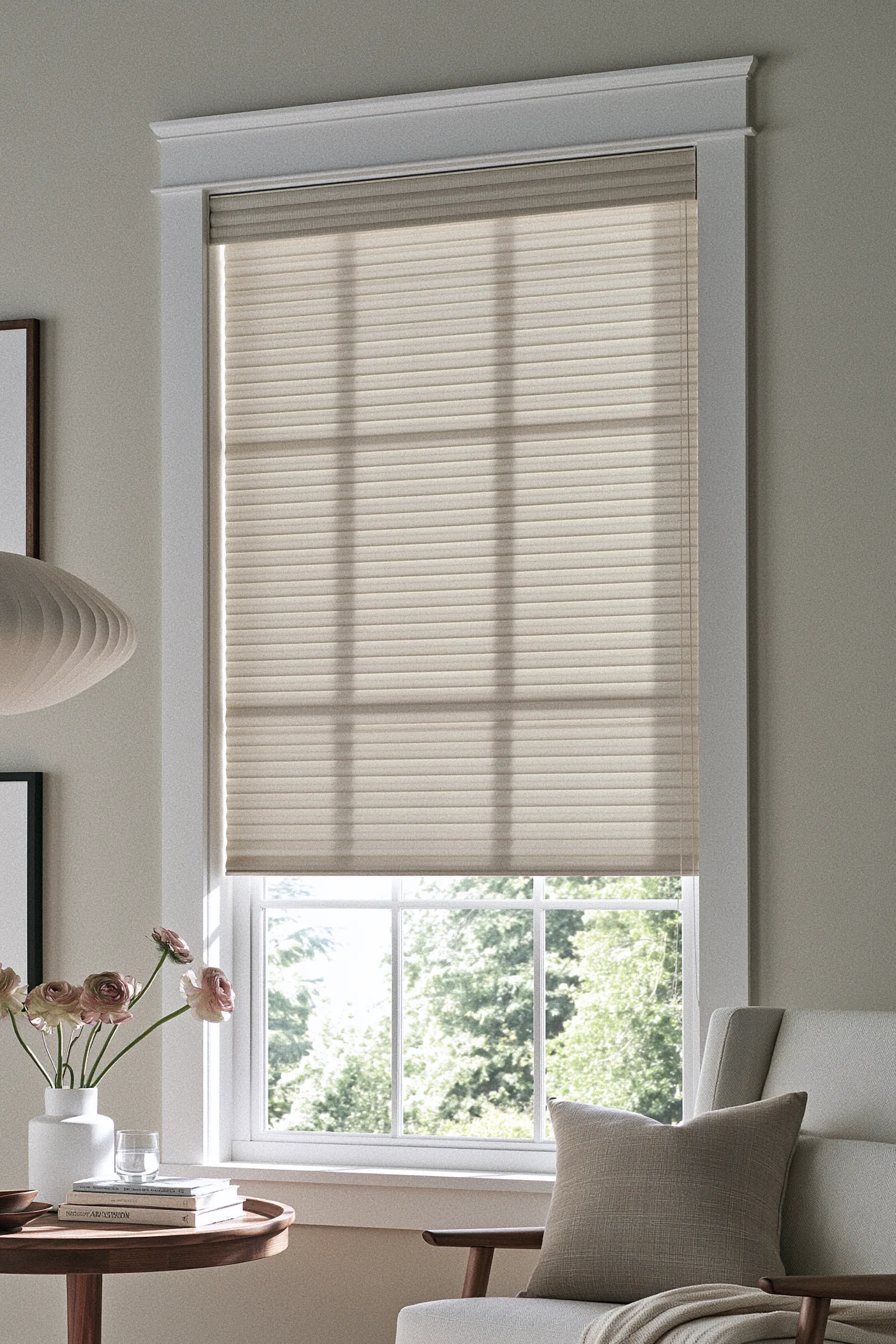 A pale honeycomb blind filtering sunlight above a reading chair.