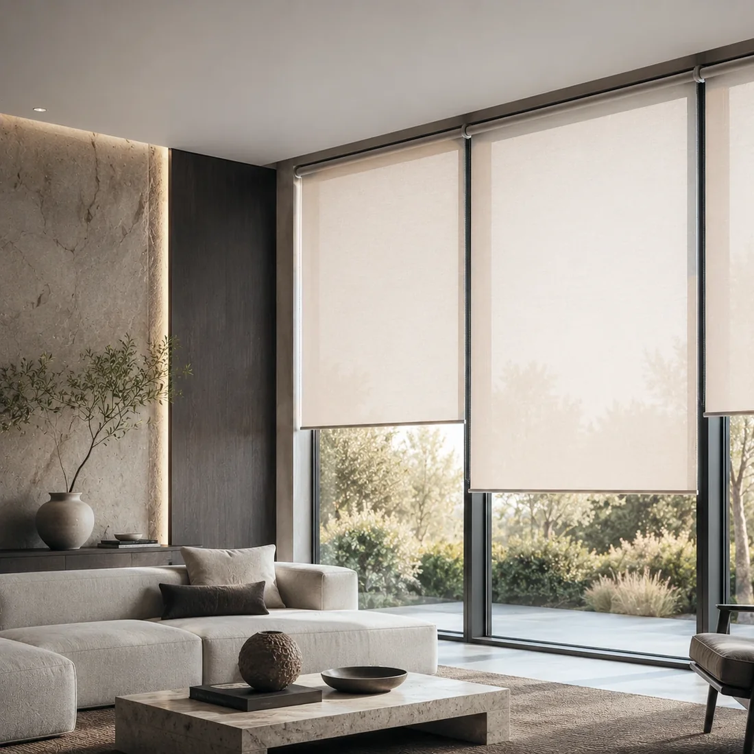 A roller blind lowered across a full-height window.