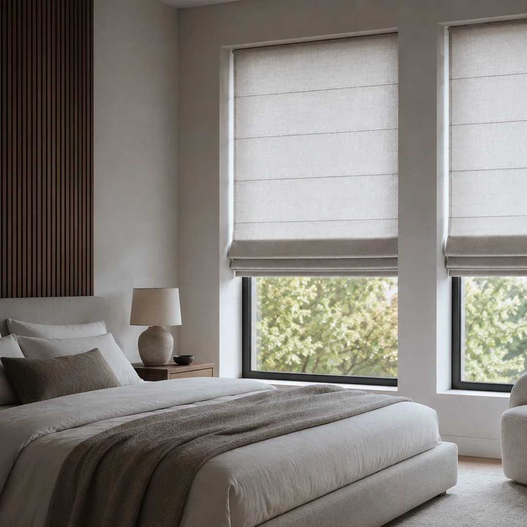 Roman blinds in soft folds above a bed.