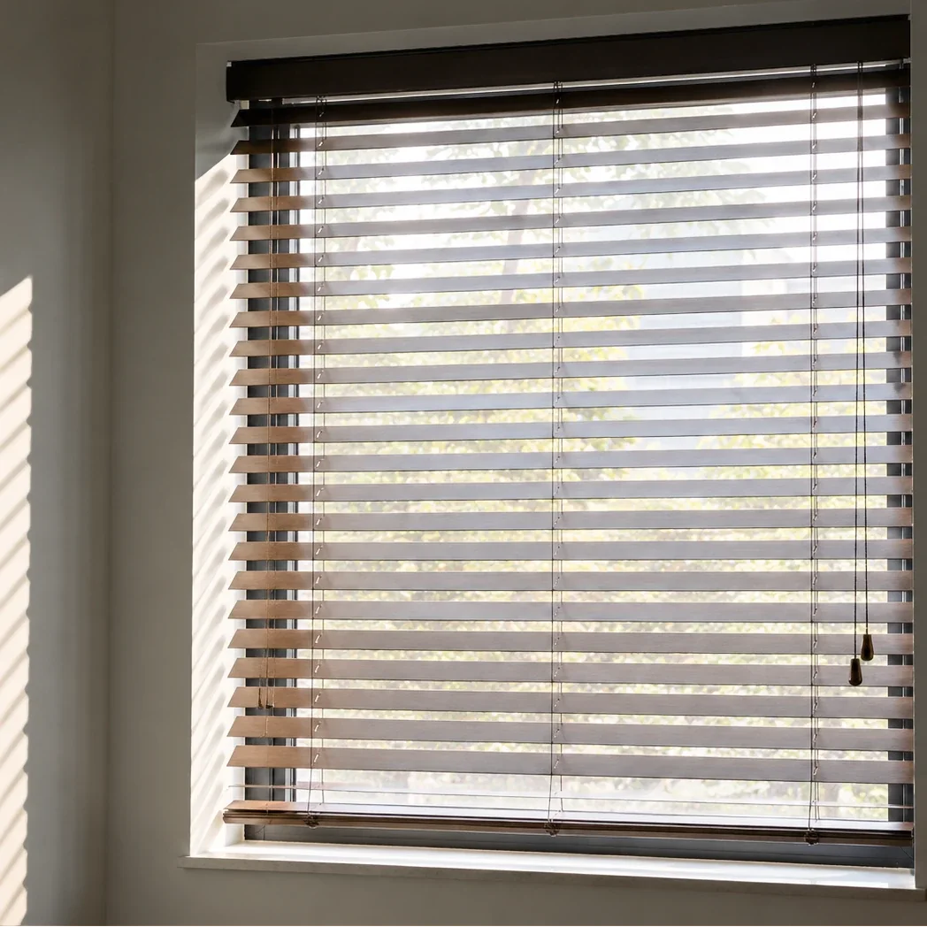 A wooden venetian blind, slats half open.