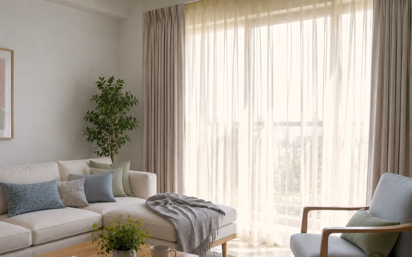 A sheer and a heavier curtain on the same window, both visible at once.