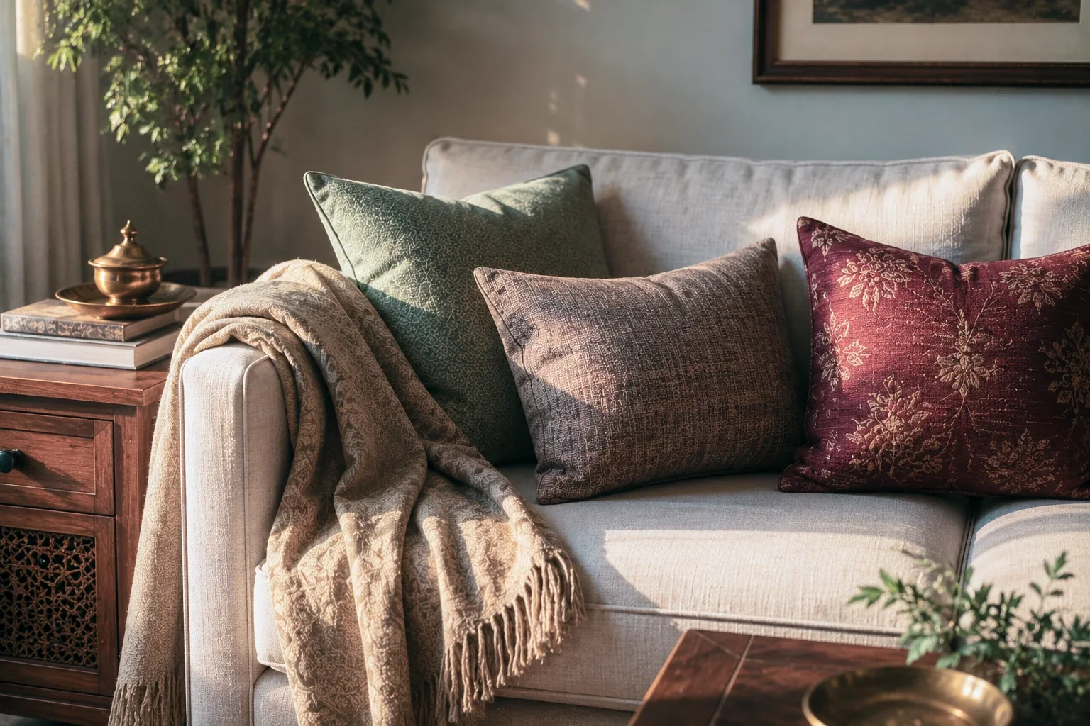 A considered set of cushions on a sofa, the room legible around them.