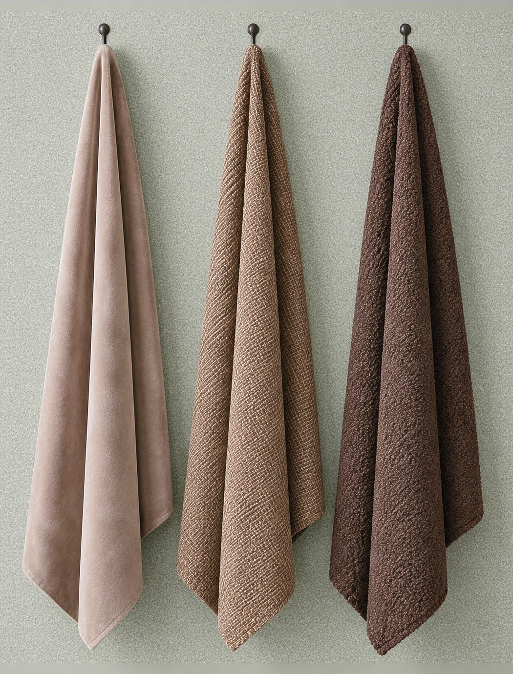 Three cloth weights hanging side by side in a pale neutral group.