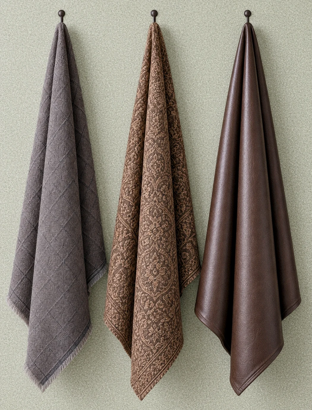 Three cloth weights hanging side by side in a deeper neutral group.