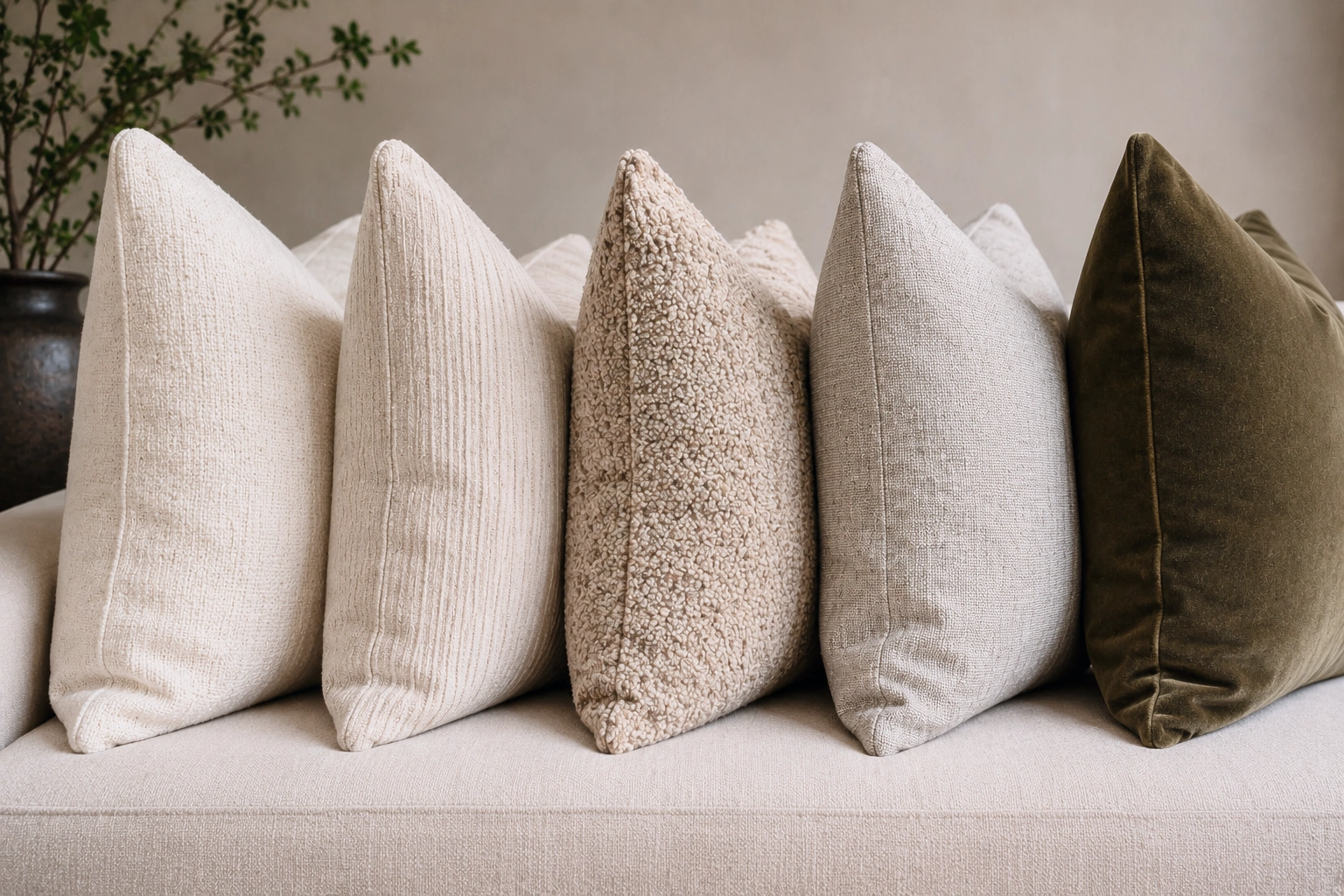 Cushions in one colour taken from its deepest to its palest.