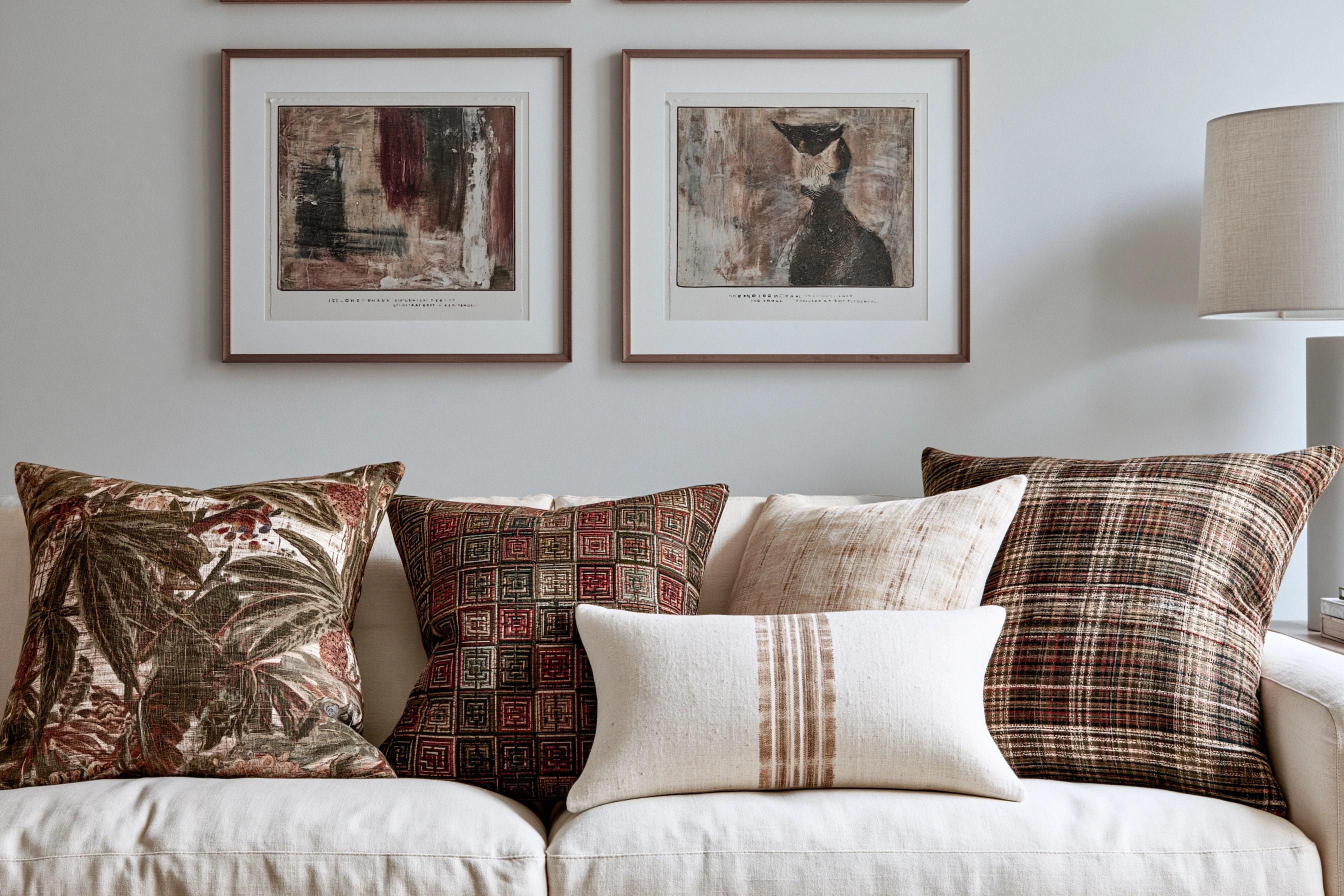 Several unrelated cushion colours held together as one considered set.