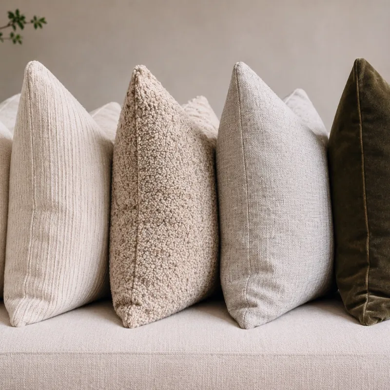 A row of cushions in mixed neutral textures with one deep olive velvet, leaning against each other.