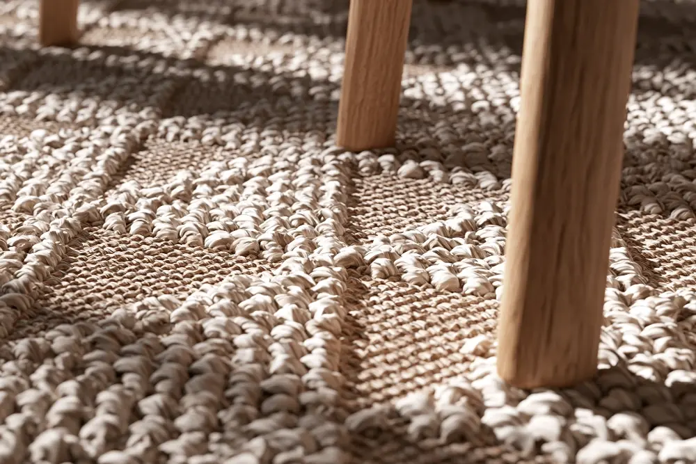 A hand-woven jute and wool rug in warm neutral tones, beside wooden furniture legs.