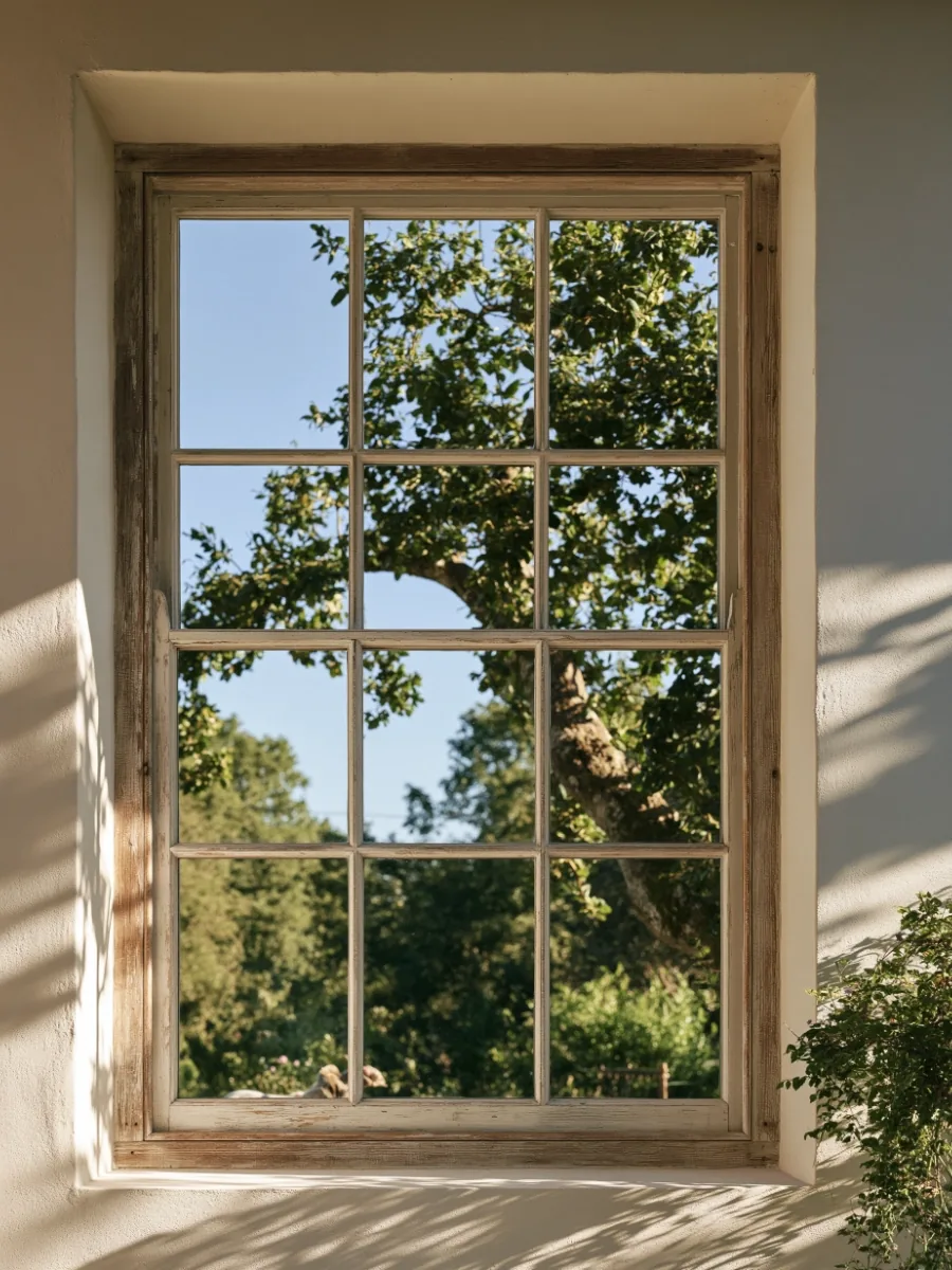 A wood-framed window looking onto a sunlit tree, light raking across the plastered wall beside it.