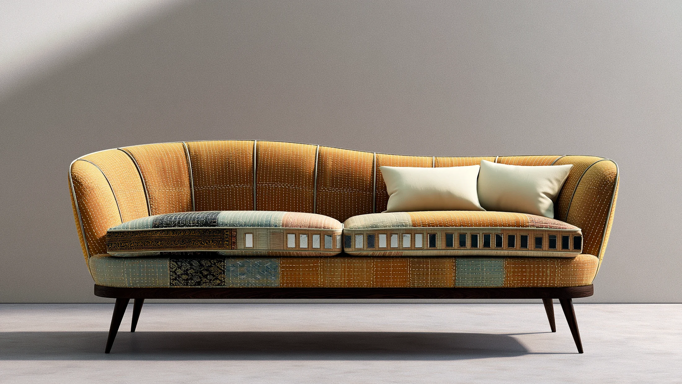 A low sofa upholstered panel by panel in a patchwork of many Indian textiles.