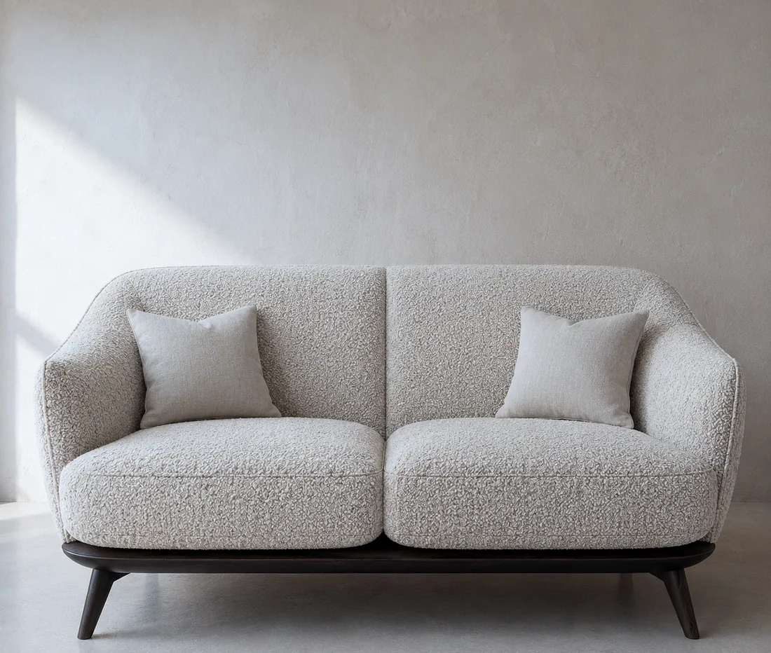 The same sofa frame in oatmeal bouclé.