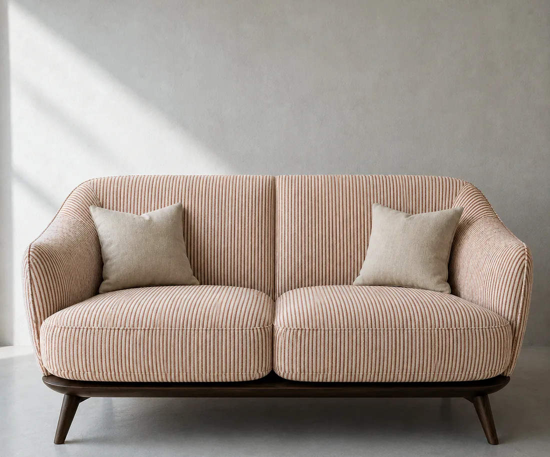 The same sofa frame in an ecru and madder stripe.