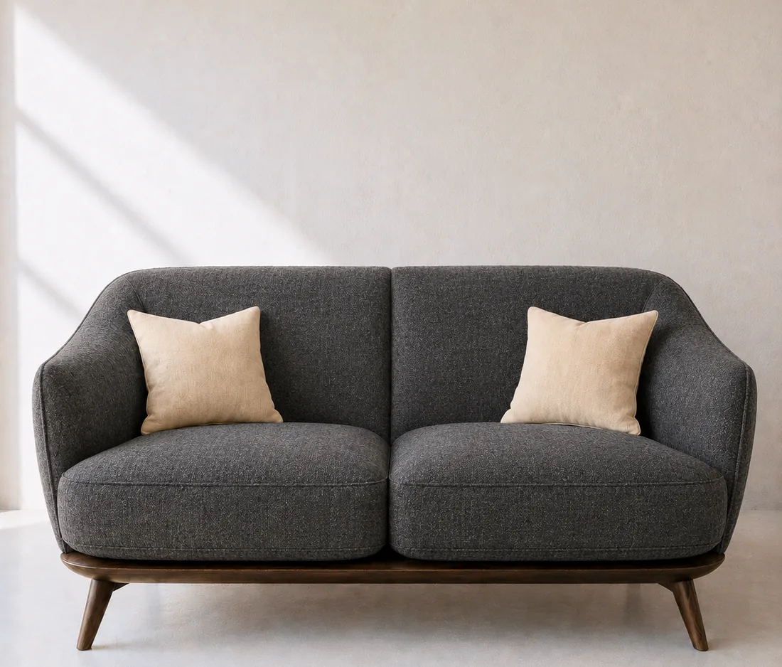 The same sofa frame in charcoal wool.