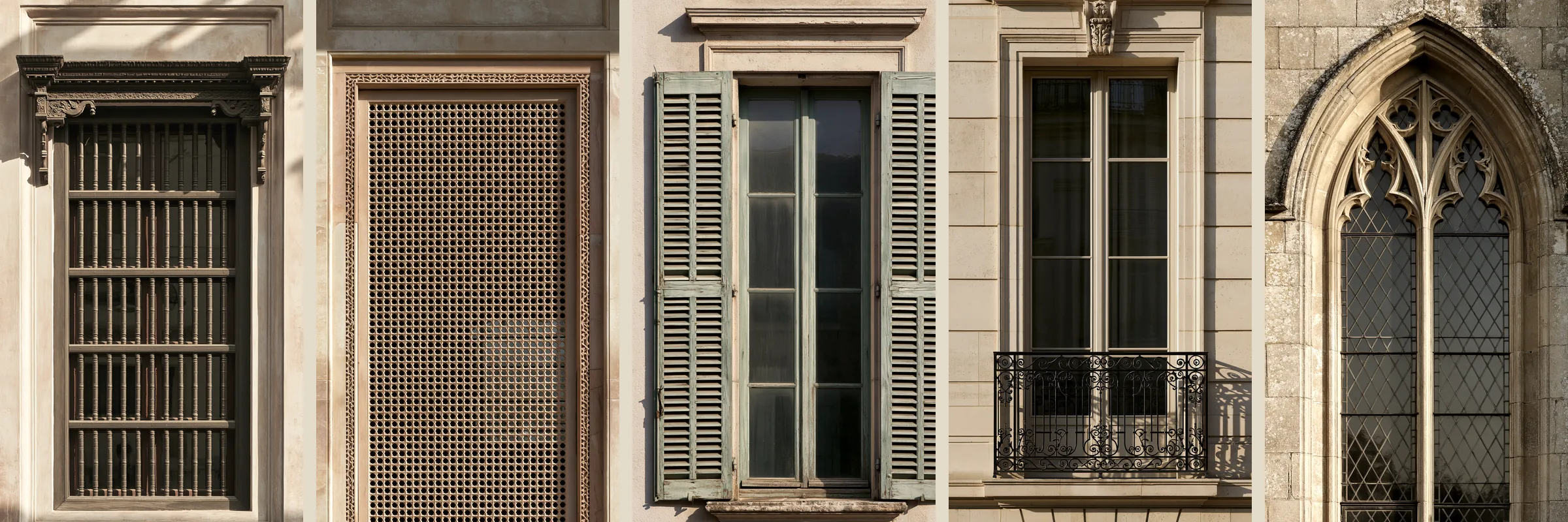 Five window facades side by side, each already wearing something hard and none wearing cloth: a carved teak window with turned bars, a pierced sandstone jaali, painted timber louvred shutters, a Parisian wrought-iron balconet, and a Gothic stone-tracery window.